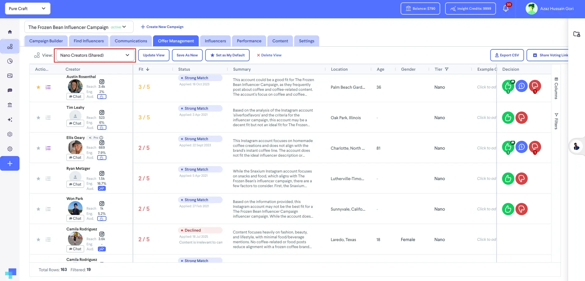 partnrUP for Brands Offer Management screen for The Frozen Bean Influencer Campaign showing Nano Creators list.