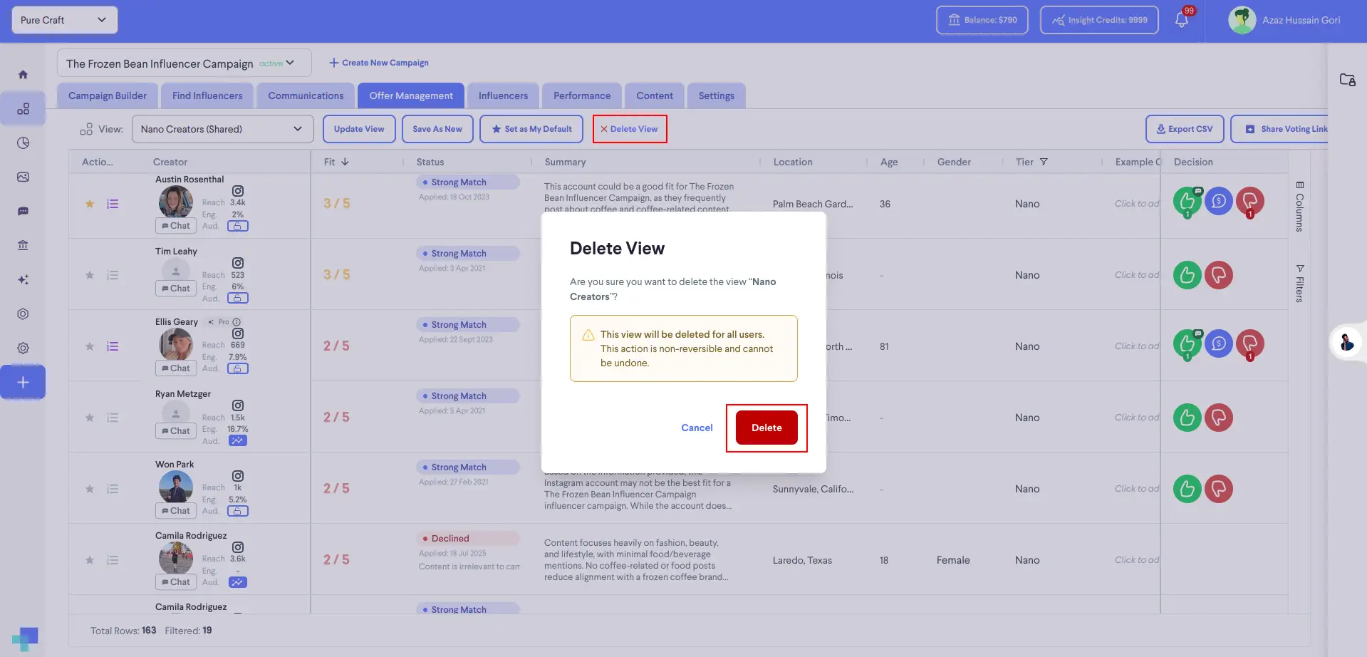 partnrUP for Brands Offer Management screen showing Nano Creators view with a Delete View confirmation modal.