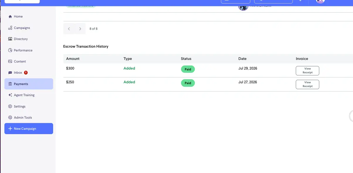 partnrUP for Brands Escrow Transaction History page showing payments navigation