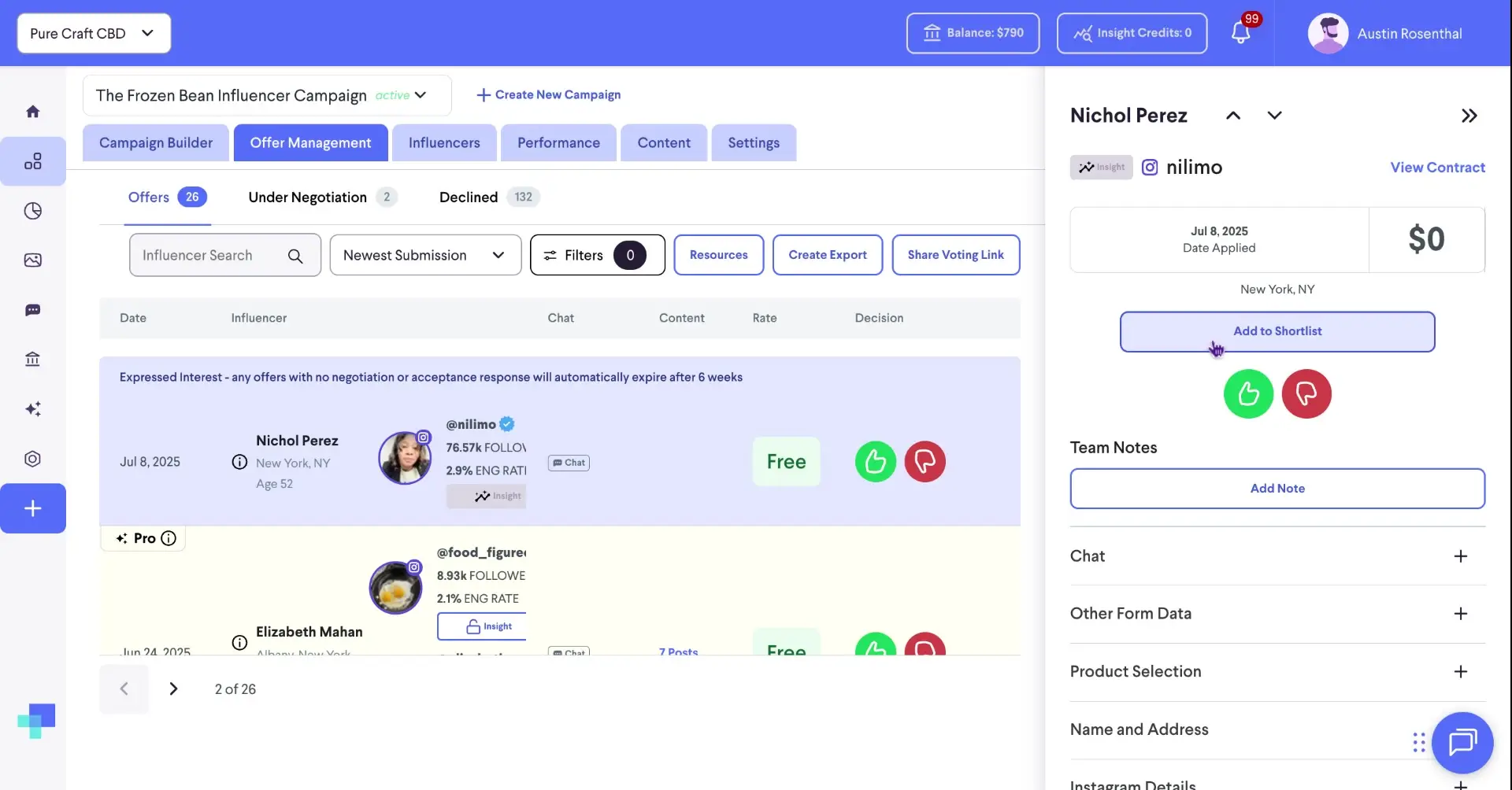 The screenshot shows the Offer Management section of the platform, displaying influencer profiles and options to interact with them, including adding them to a shortlist.