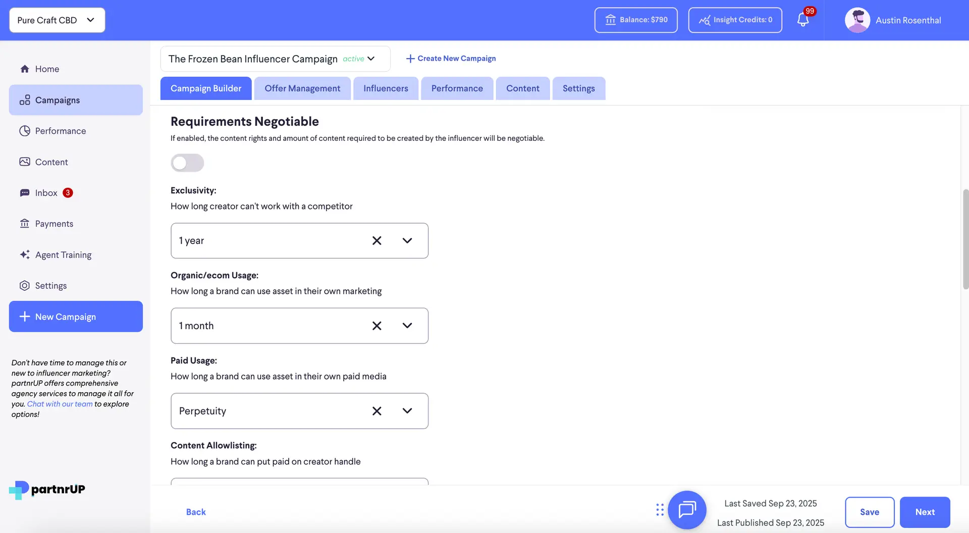 partnrUP for Brands - The Frozen Bean Influencer Campaign - Requirements Negotiable section