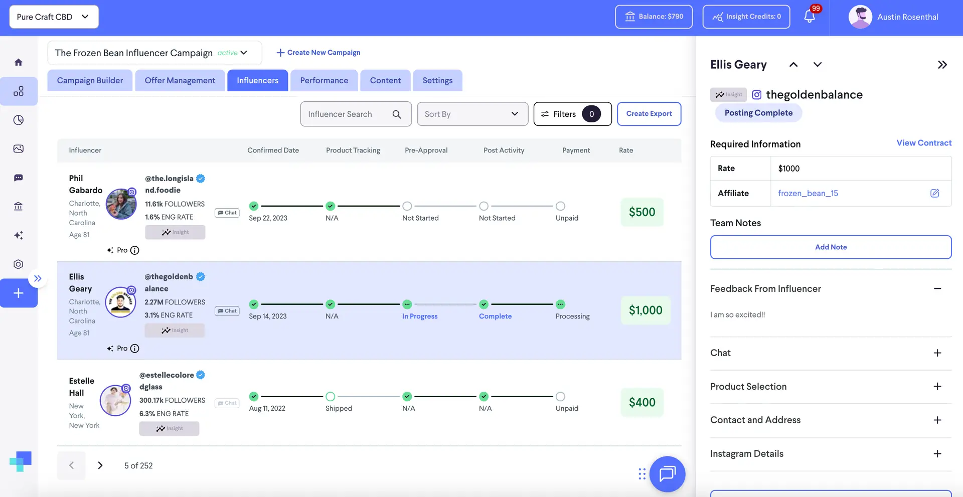 Active Campaign Management screen for The Frozen Bean Influencer Campaign in partnrUP for Brands