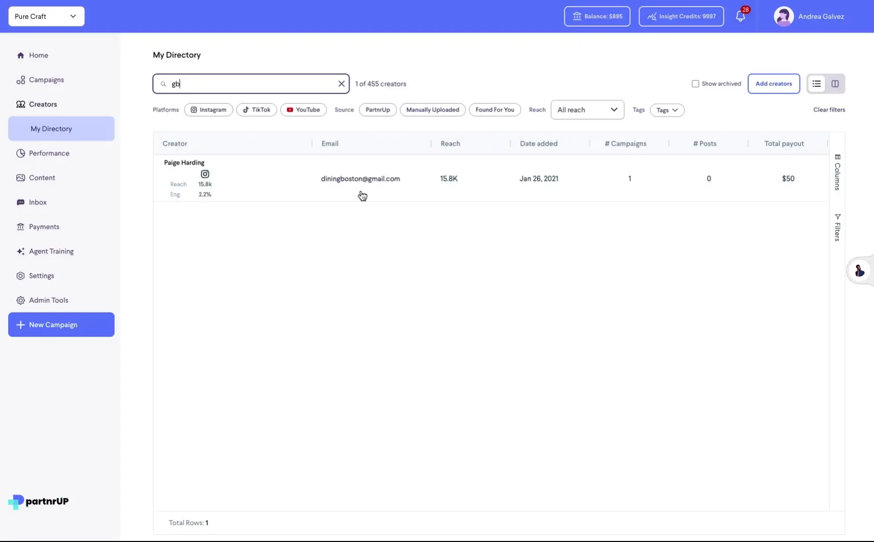 The "My Directory" page displays a list of creators, with a search bar at the top allowing users to find creators by name or handle. The current search query "agbl" has returned 1 of 455 creators, showing "Paige Harding" with her contact information and campaign statistics.