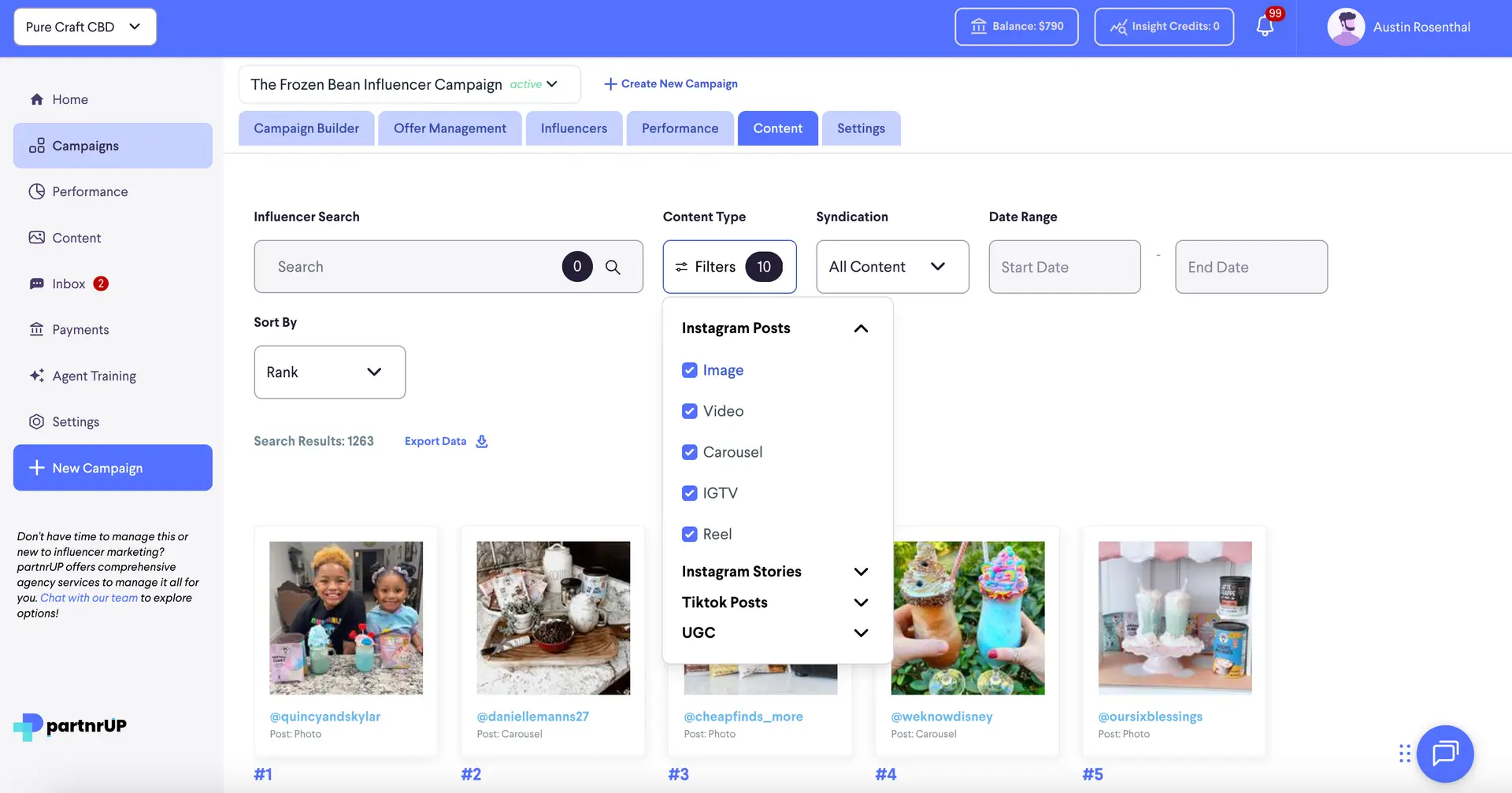 Campaign Content Performance Dashboard for The Frozen Bean Influencer Campaign in partnrUP for Brands