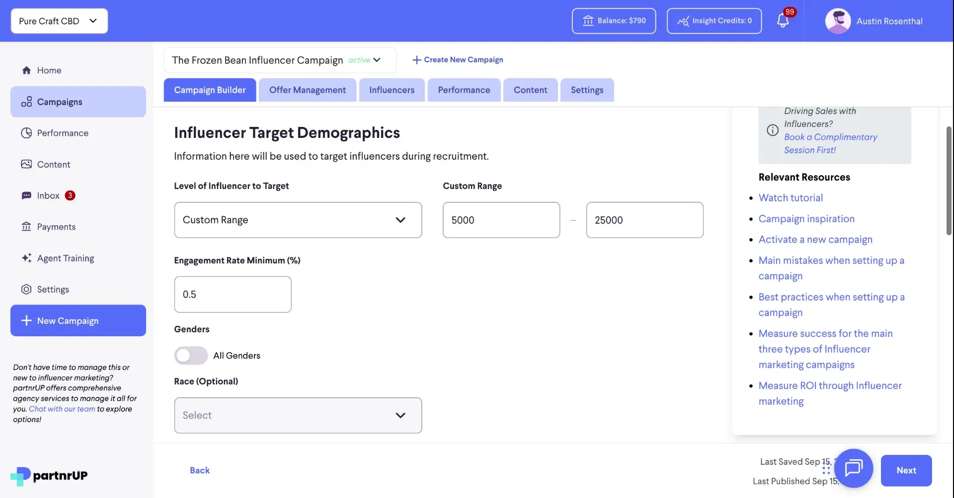 The screenshot shows the Influencer Target Demographics section within the partnrUP platform, where users can define criteria for influencer recruitment, including custom ranges for influencer levels and engagement rate minimums.
