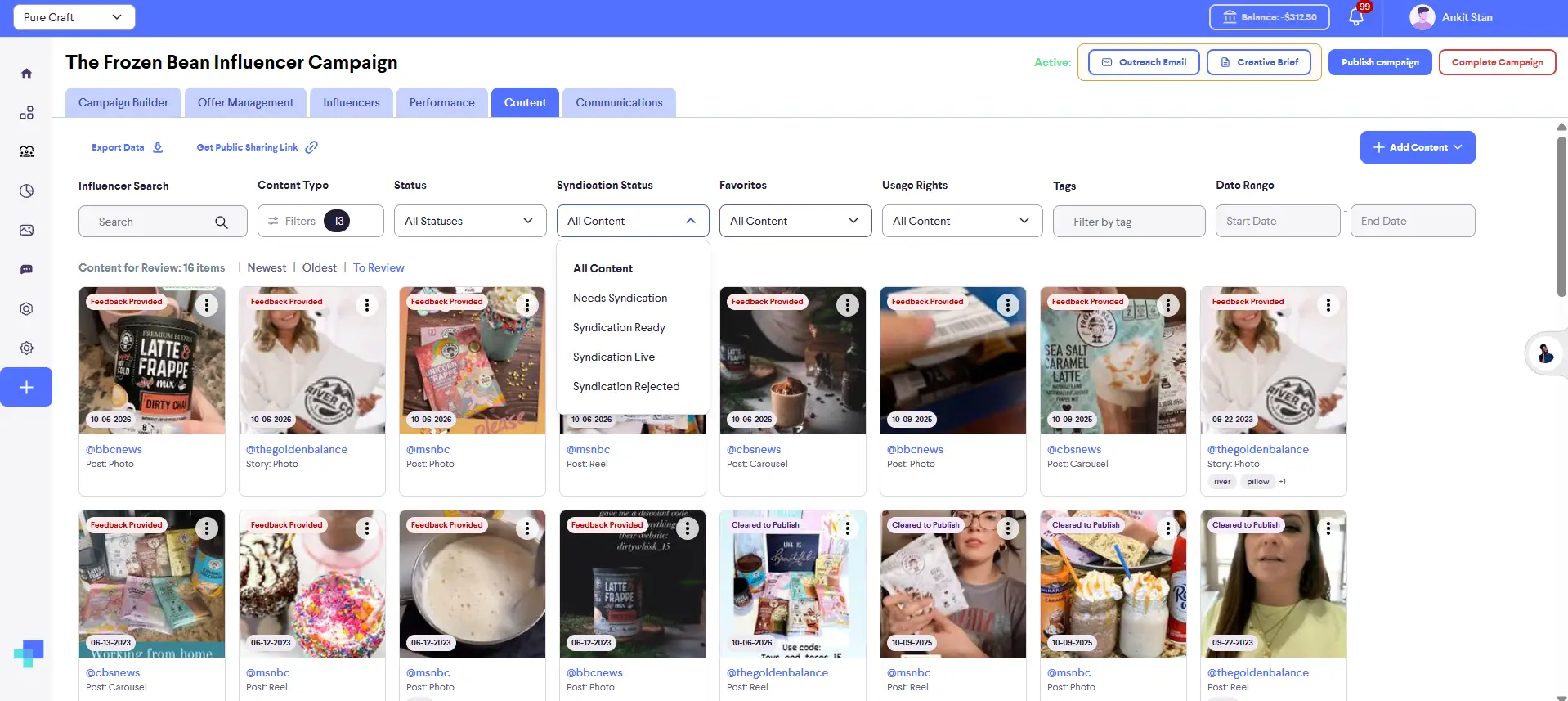 partnrUP for Brands - The Frozen Bean Influencer Campaign Content Tab
