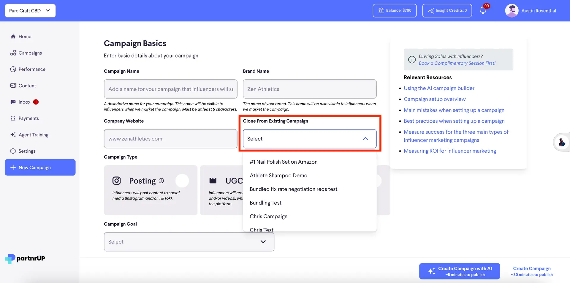 partnrUP for Brands Campaign Basics page with Clone From Existing Campaign dropdown