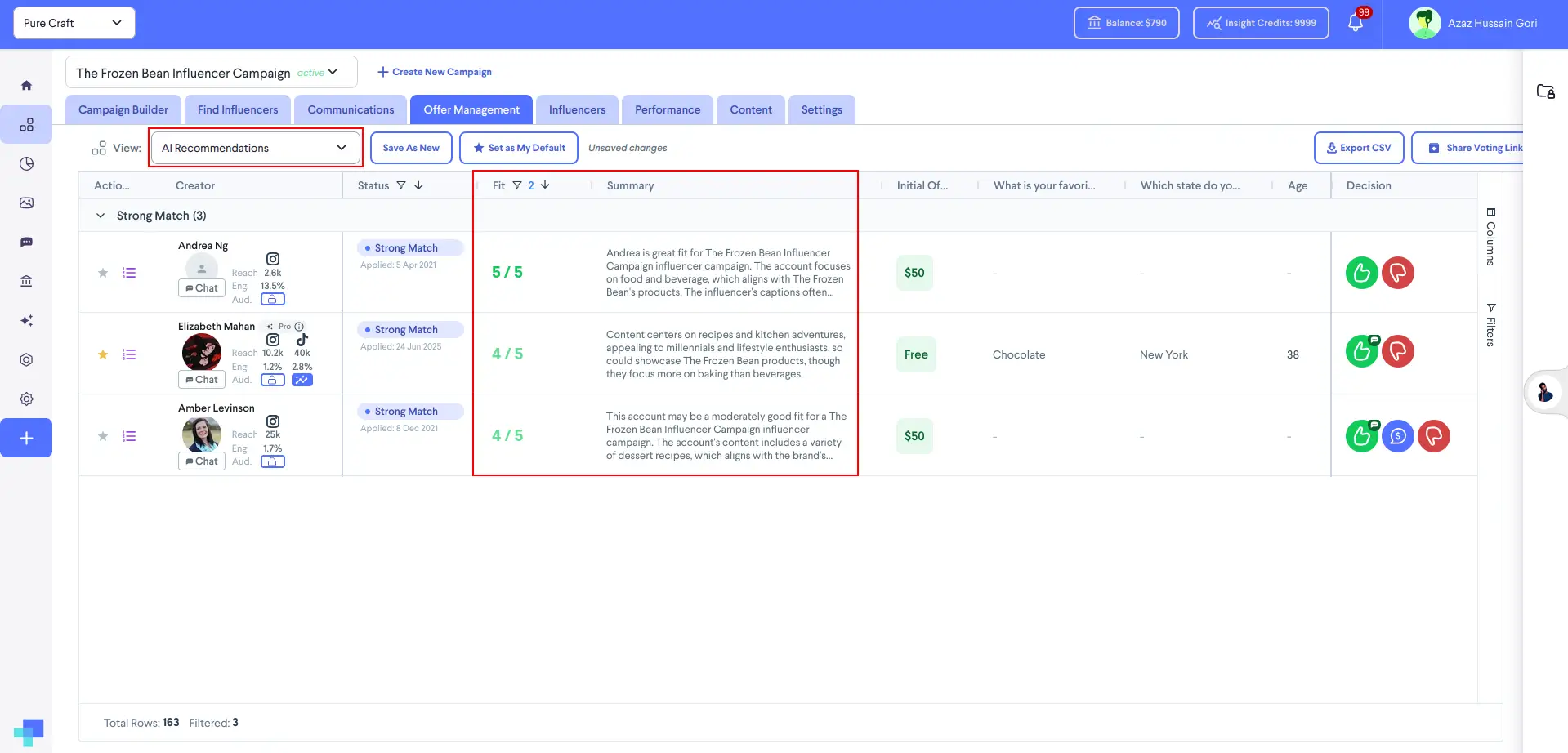 Offer Management tab showing AI-recommended creators for The Frozen Bean Influencer Campaign in partnrUP for Brands.