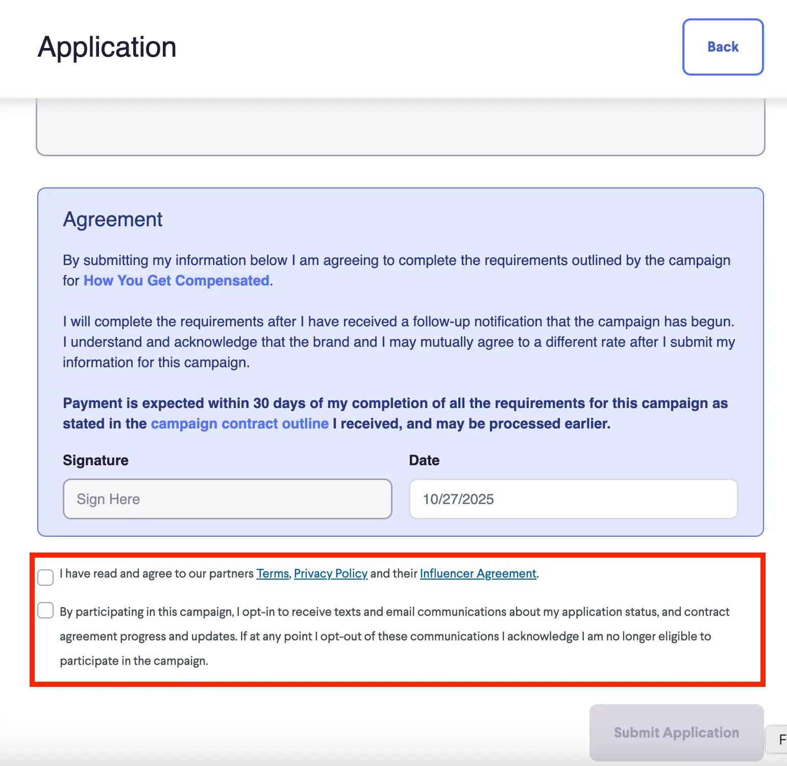 Application page showing agreement and consent options for campaign participation on partnrUP for Brands