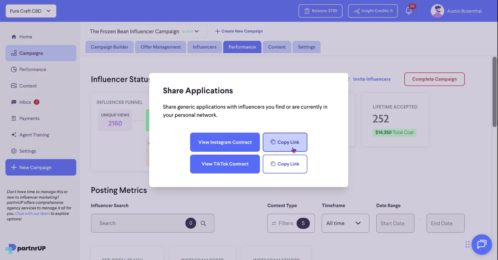 The screenshot shows the 'Share Applications' modal, allowing users to copy links for Instagram and TikTok contracts to share with influencers.