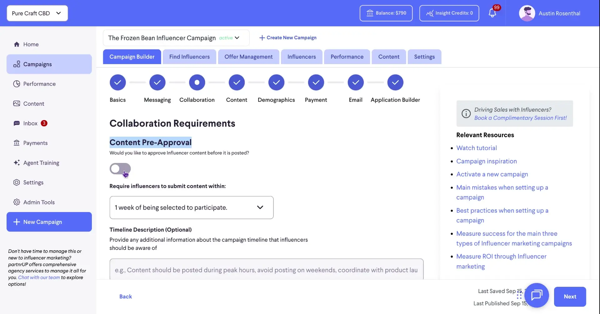 The screenshot shows the 'Content Pre-Approval' section within the campaign builder, where users can enable content approval before influencers post.