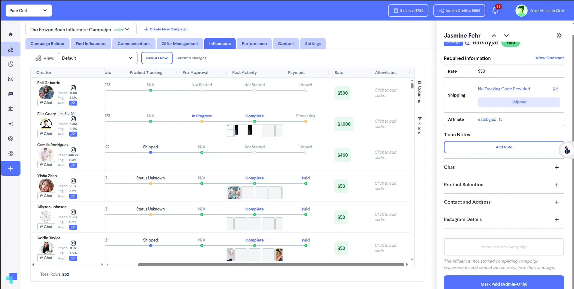 Influencers tab in The Frozen Bean Influencer Campaign on partnrUP for Brands platform showing creator details and payment tracking.