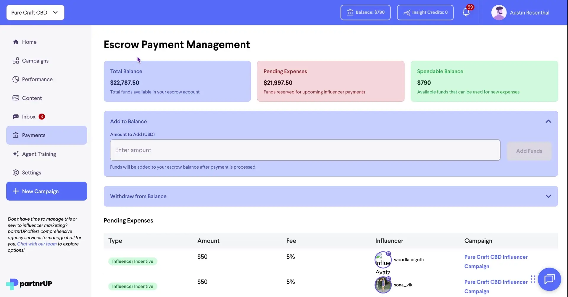 The screenshot displays the Escrow Payment Management section, showing the total balance, pending expenses, and spendable balance. It also lists pending expenses with details like type, amount, fee, influencer, and campaign.