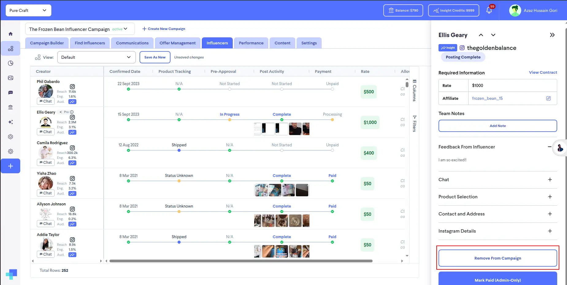 Active Campaign Management screen for The Frozen Bean Influencer Campaign in partnrUP for Brands platform.