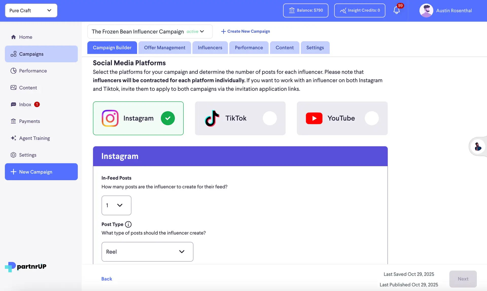 partnrUP Campaign Builder - Social Media Platforms selection for The Frozen Bean Influencer Campaign