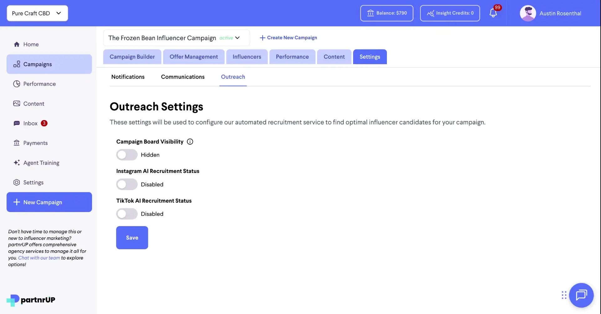 The screenshot displays the 'Outreach Settings' section within the 'Settings' tab of a campaign in the partnrUP platform. It allows users to configure automated recruitment services for influencer marketing campaigns.