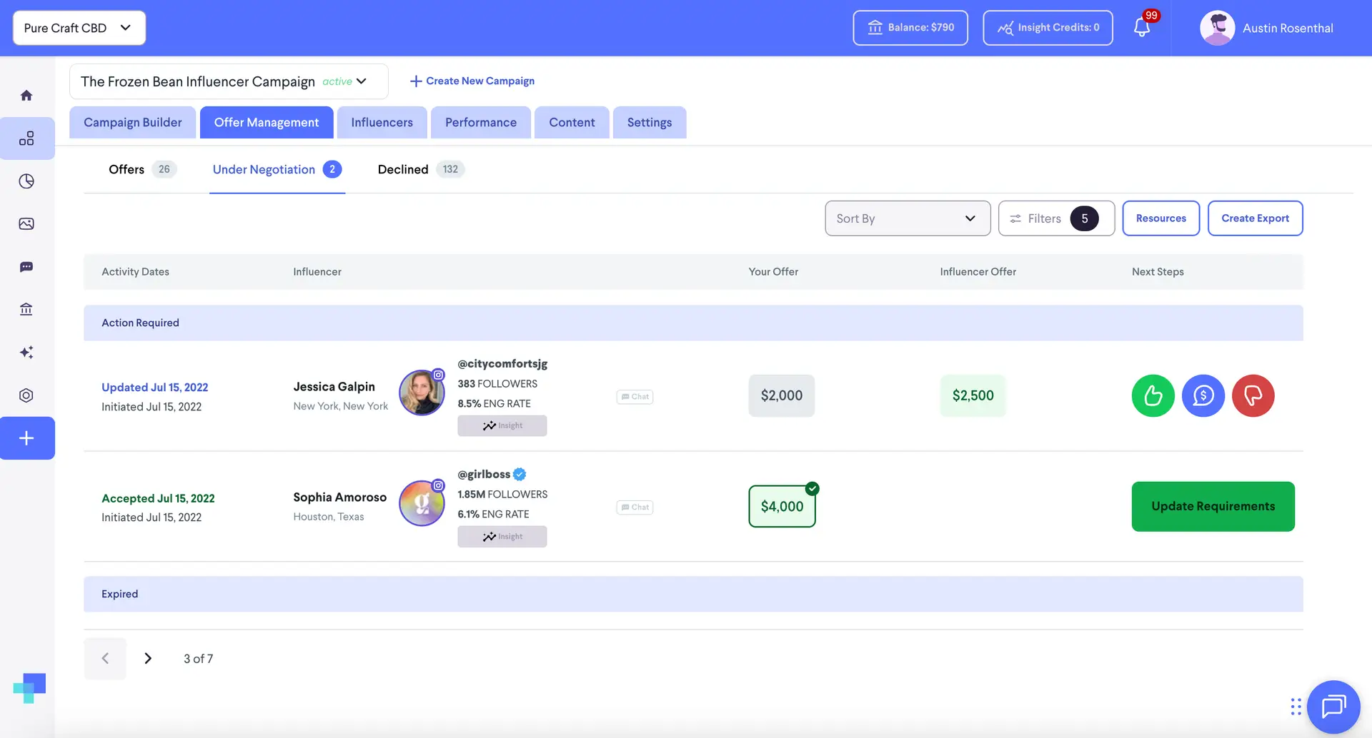 Offer Management Under Negotiation tab for The Frozen Bean Influencer Campaign in partnrUP for Brands