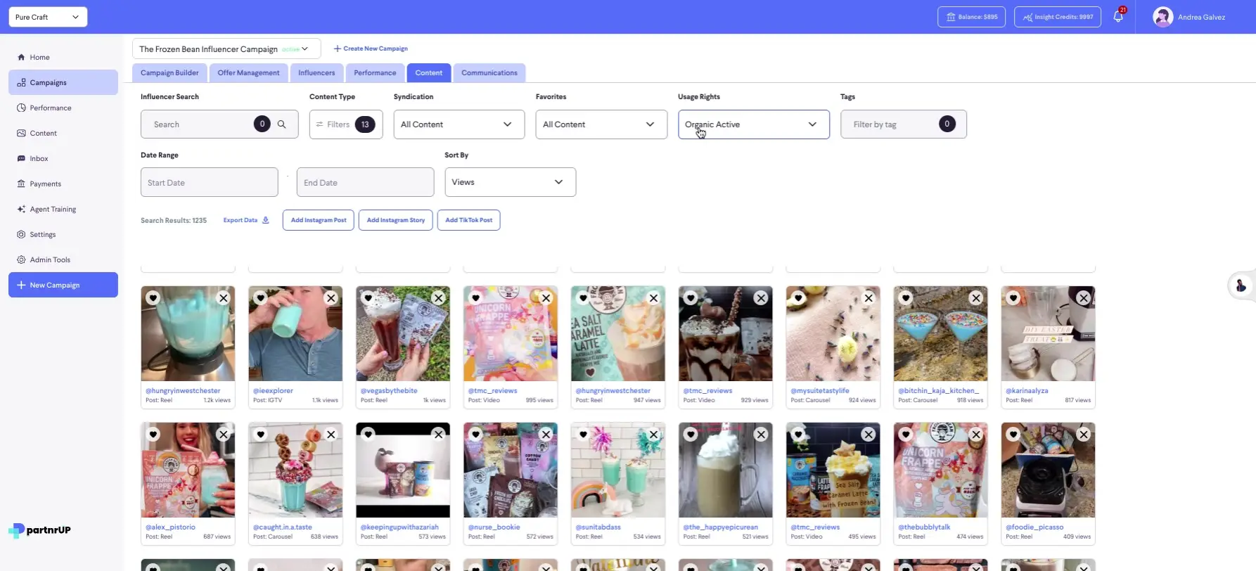 The screenshot displays the content section of the partnrUP platform, showcasing influencer content related to "The Frozen Bean" campaign, filtered by "Organic Active" usage rights and sortable by views.