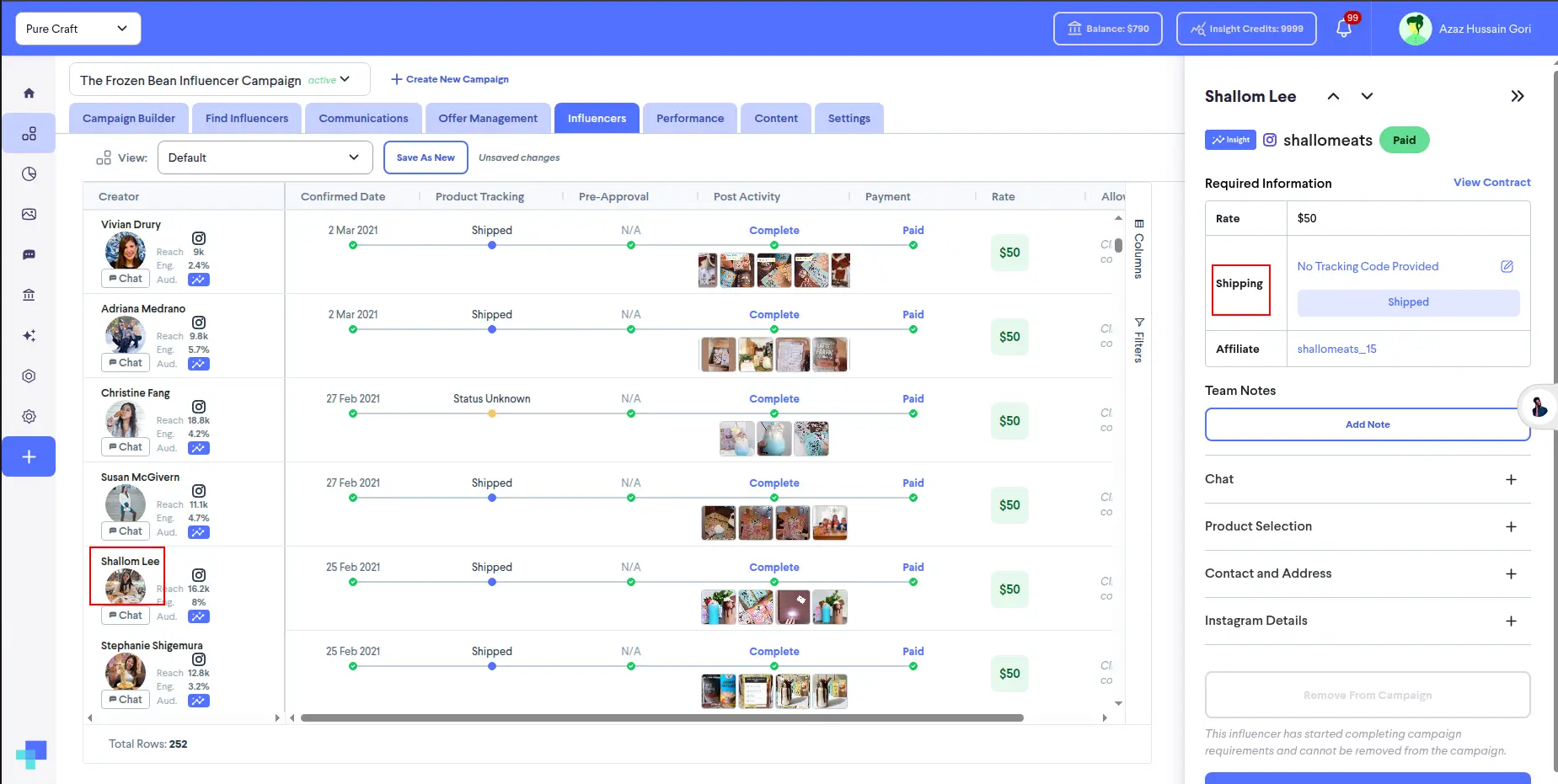 Active Campaign Management screen for The Frozen Bean Influencer Campaign in partnrUP for Brands, showing creator details and product delivery tracking.