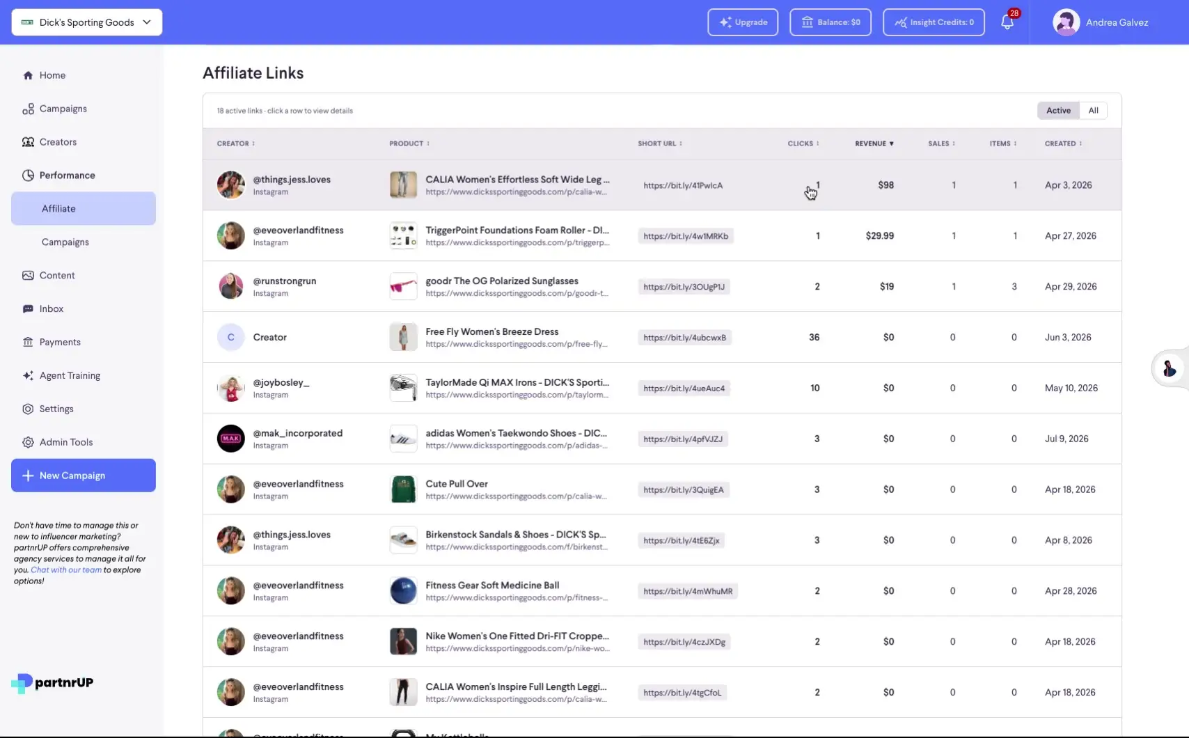 The Affiliate Links page displays a list of active affiliate links, showing creator information, product details, short URLs, clicks, revenue, sales, items, and creation dates. Users can view specific creator or program analytics by clicking on a row.