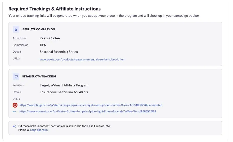 This section outlines the required tracking and affiliate instructions for a campaign, including affiliate commission details for Peet's Coffee and retailer CTA tracking links for Target and Walmart. It also provides guidance on where to place these links.