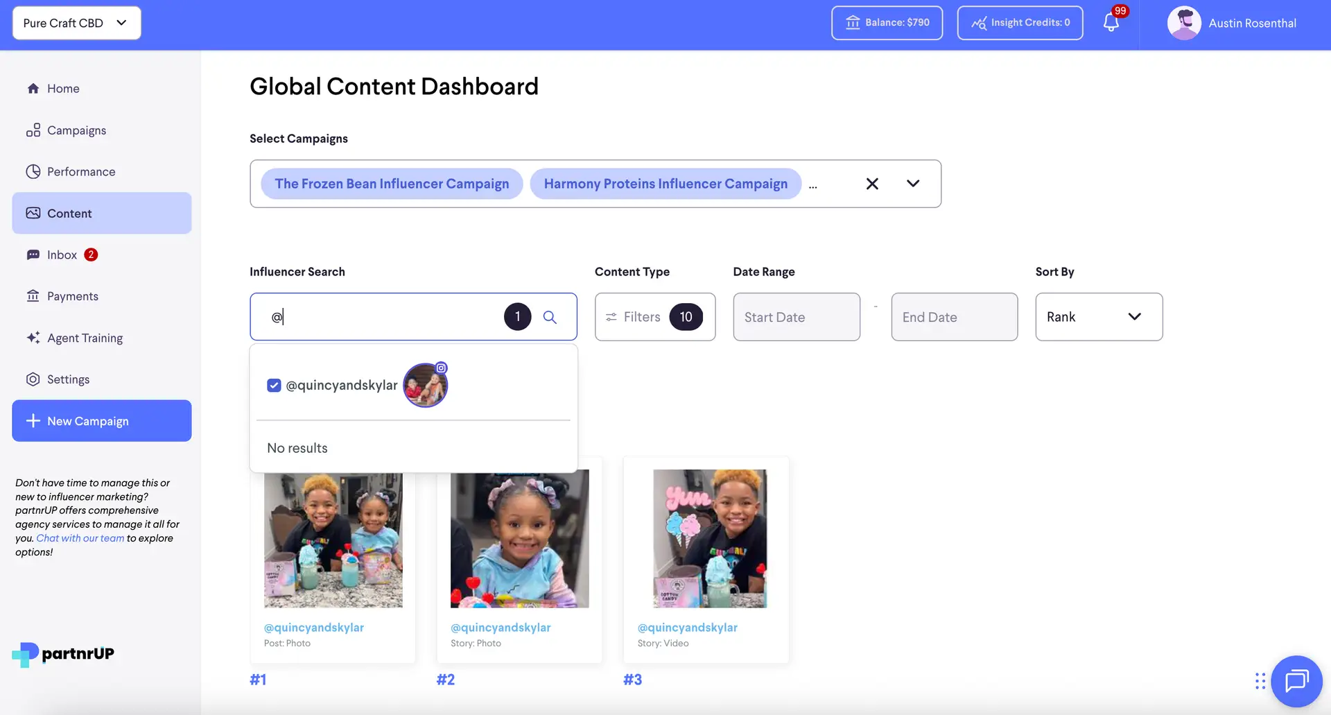 Global Content Dashboard in partnrUP for Brands showing campaign selection, influencer search, and content filtering options.