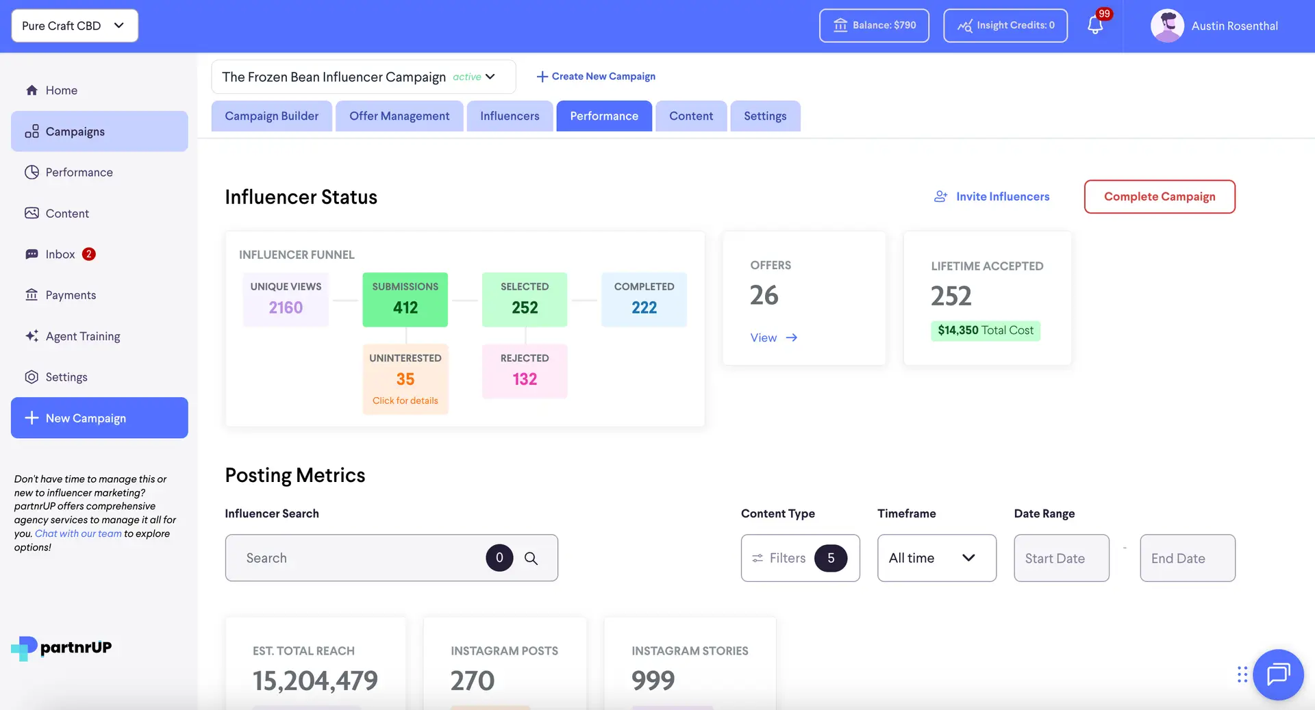 partnrUP Global Platform Navigation - The Frozen Bean Influencer Campaign Performance Dashboard