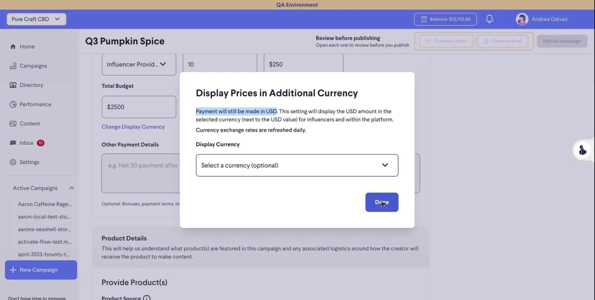 The user is configuring campaign details, specifically setting up the display currency for additional currencies. The platform allows payments to be made in USD while displaying amounts in a selected currency, with daily refreshed exchange rates.