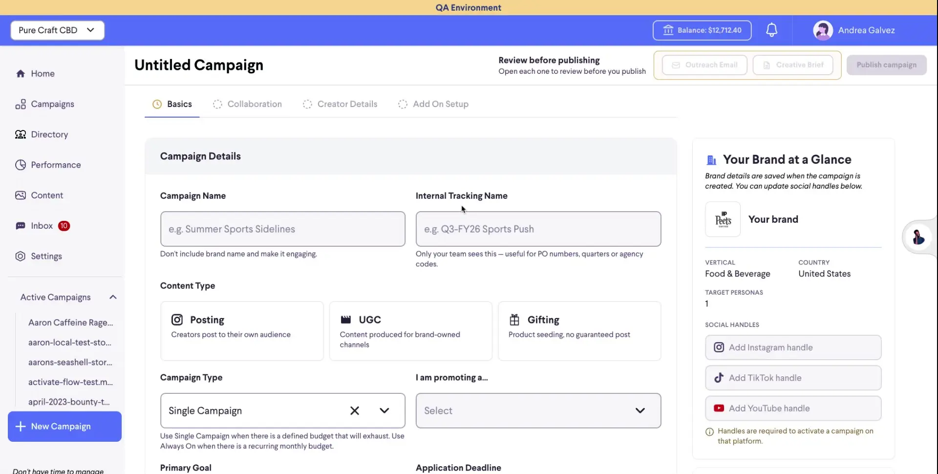 The user is creating a new campaign and filling out the "Basics" tab. They are entering the campaign name, internal tracking name, content type, and campaign type. The "Your Brand at a Glance" section shows that the brand is "Peet's Coffee" in the "Food & Beverage" vertical.