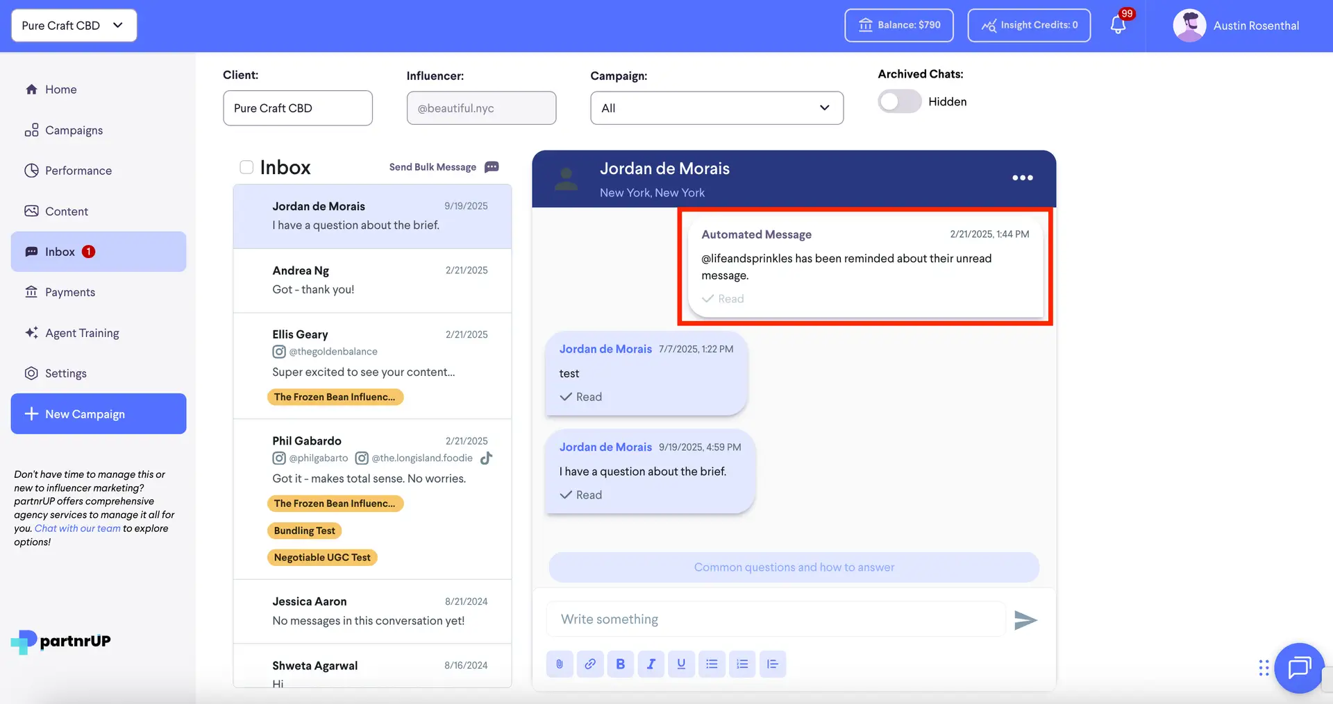 partnrUP for Brands - Inbox section showing automated message reminder for influencer communications