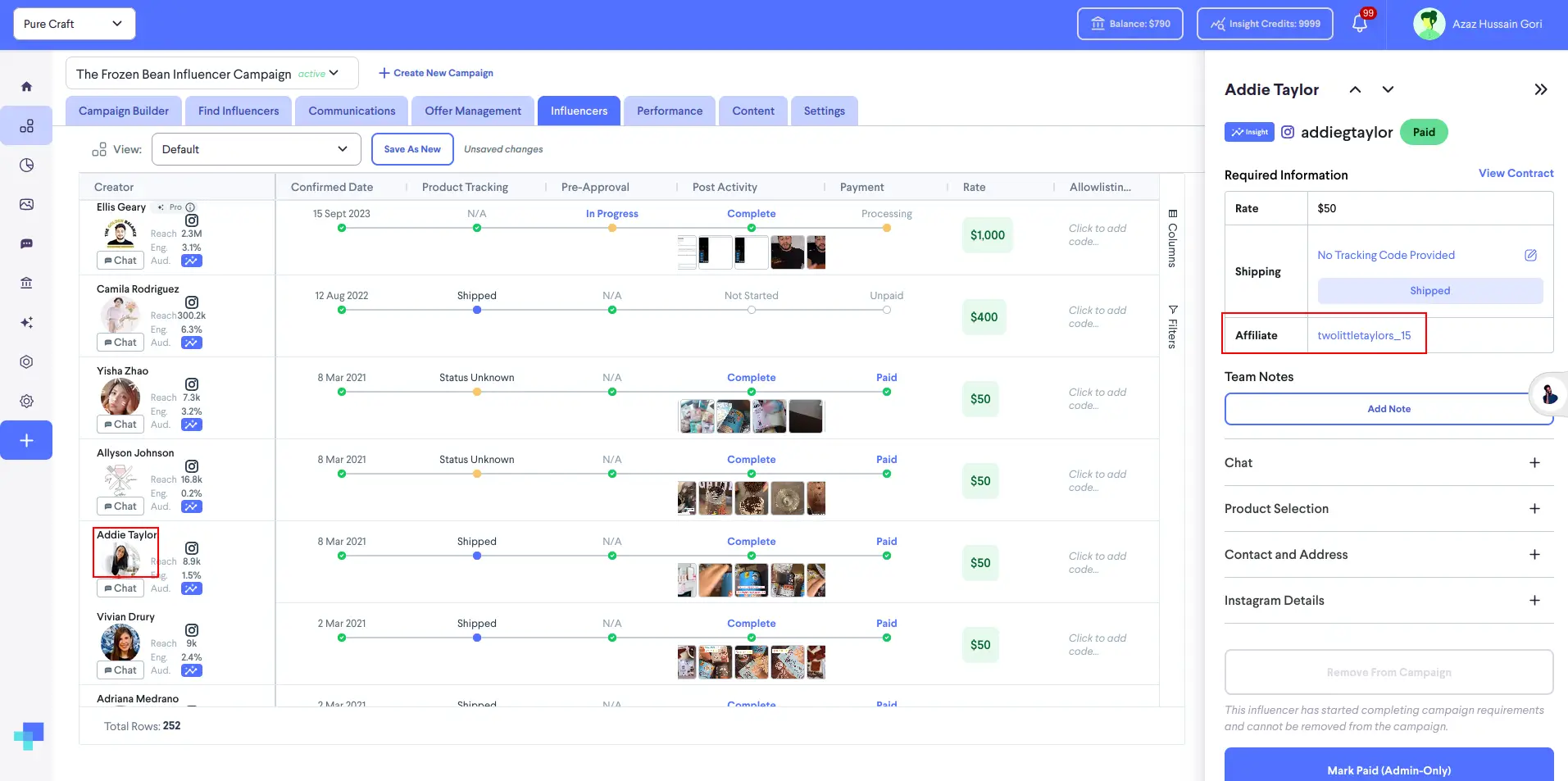 Influencer management screen in partnrUP for Brands showing details for The Frozen Bean Influencer Campaign.