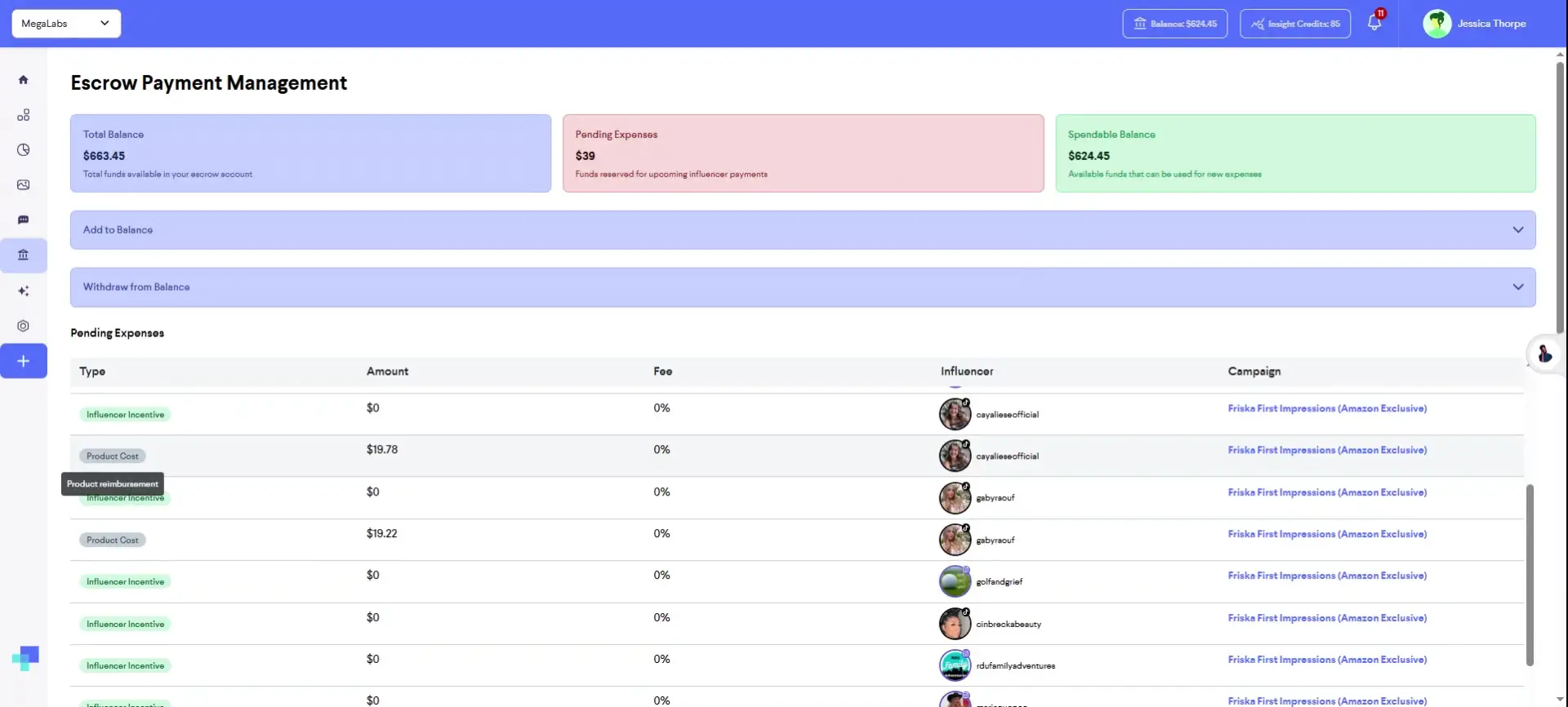 partnrUP for Brands Escrow Payment Management screen showing balance details and pending expenses.