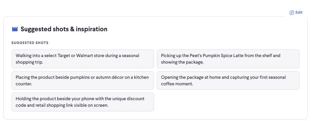 The "Suggested shots & inspiration" section provides a list of creative ideas for influencer content. These suggestions include scenarios like shopping trips, product placement with seasonal decor, and unboxing moments, all aimed at inspiring engaging visual content.