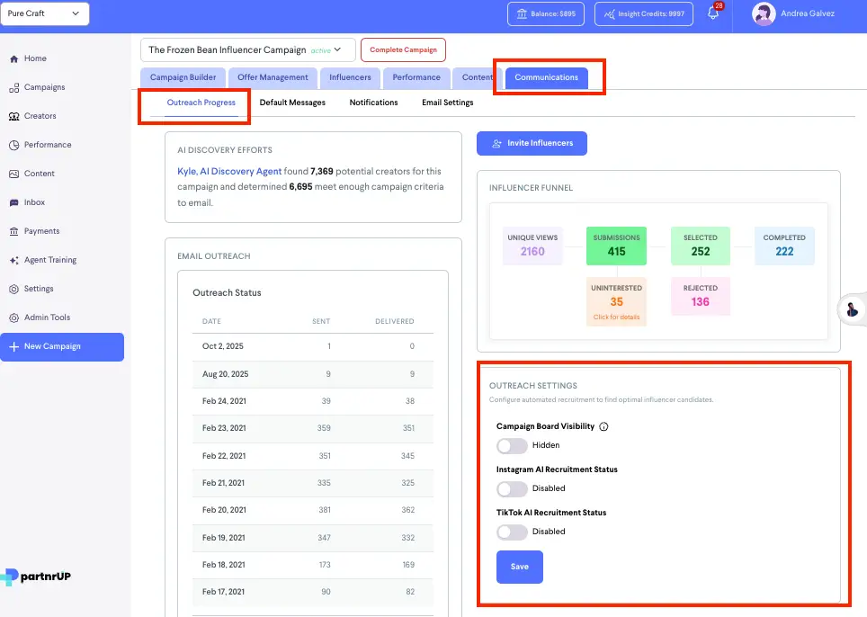 Outreach Progress section in The Frozen Bean Influencer Campaign on partnrUP for Brands platform.