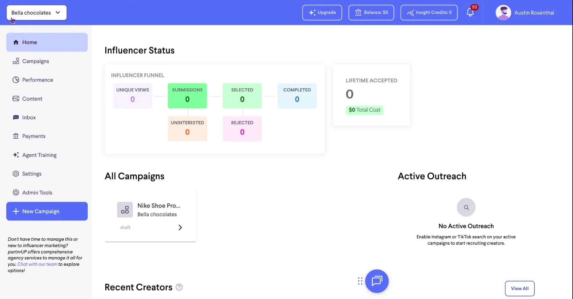 The user is logged into the Bella Chocolates account and is viewing the dashboard. The dashboard displays the influencer status, all campaigns, and active outreach information.