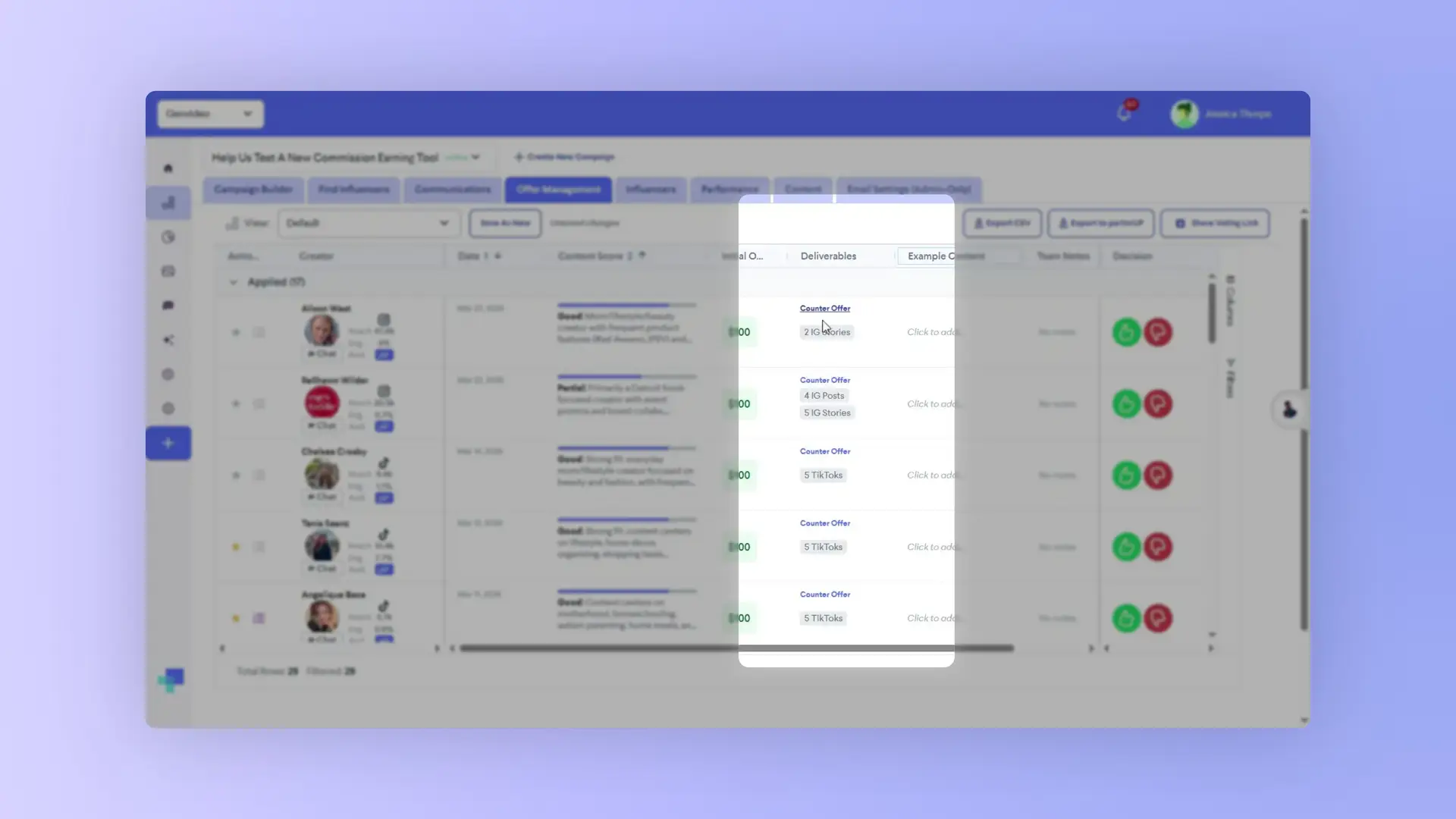 The screenshot displays the Offer Management section of the platform, showcasing a list of creators with options to counter offers for campaign deliverables.