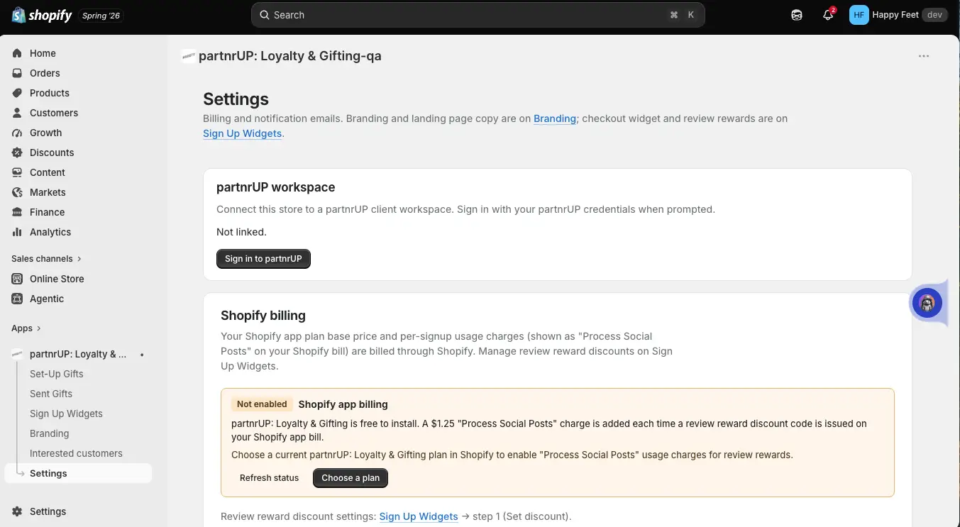 Shopify partnrUP Loyalty & Gifting-qa Settings page showing workspace connection and billing options.