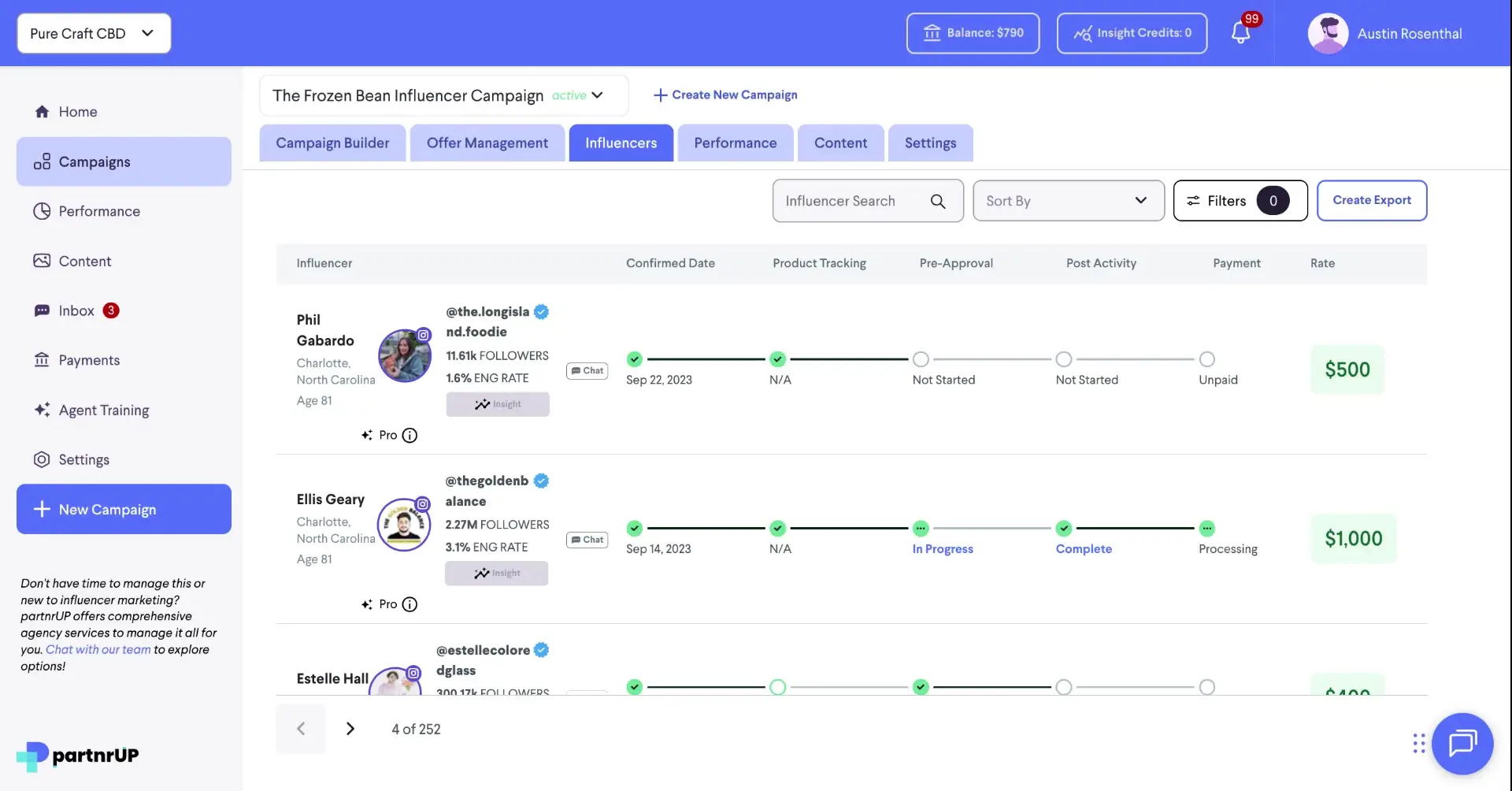 The screenshot displays the 'Influencers' tab within the partnrUP platform, showcasing the status of influencer campaigns, including confirmed dates, product tracking, pre-approval, post activity, payment, and rates.