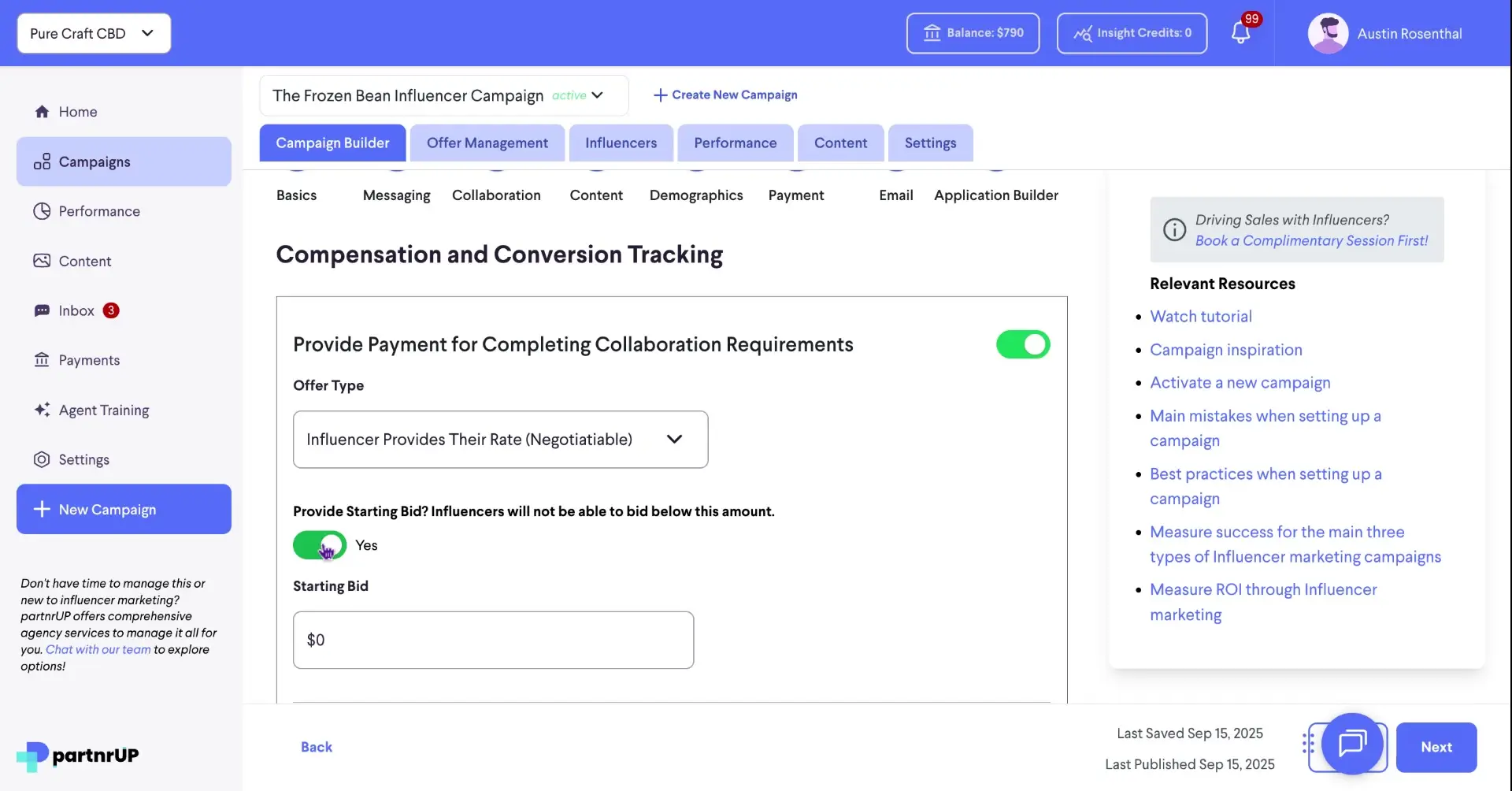 The screenshot shows the compensation and conversion tracking section of the campaign builder. It allows setting the offer type, starting bid, and other payment-related details for influencer collaborations.