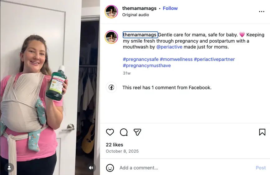 Social media post by themamamags about pregnancy-safe mouthwash