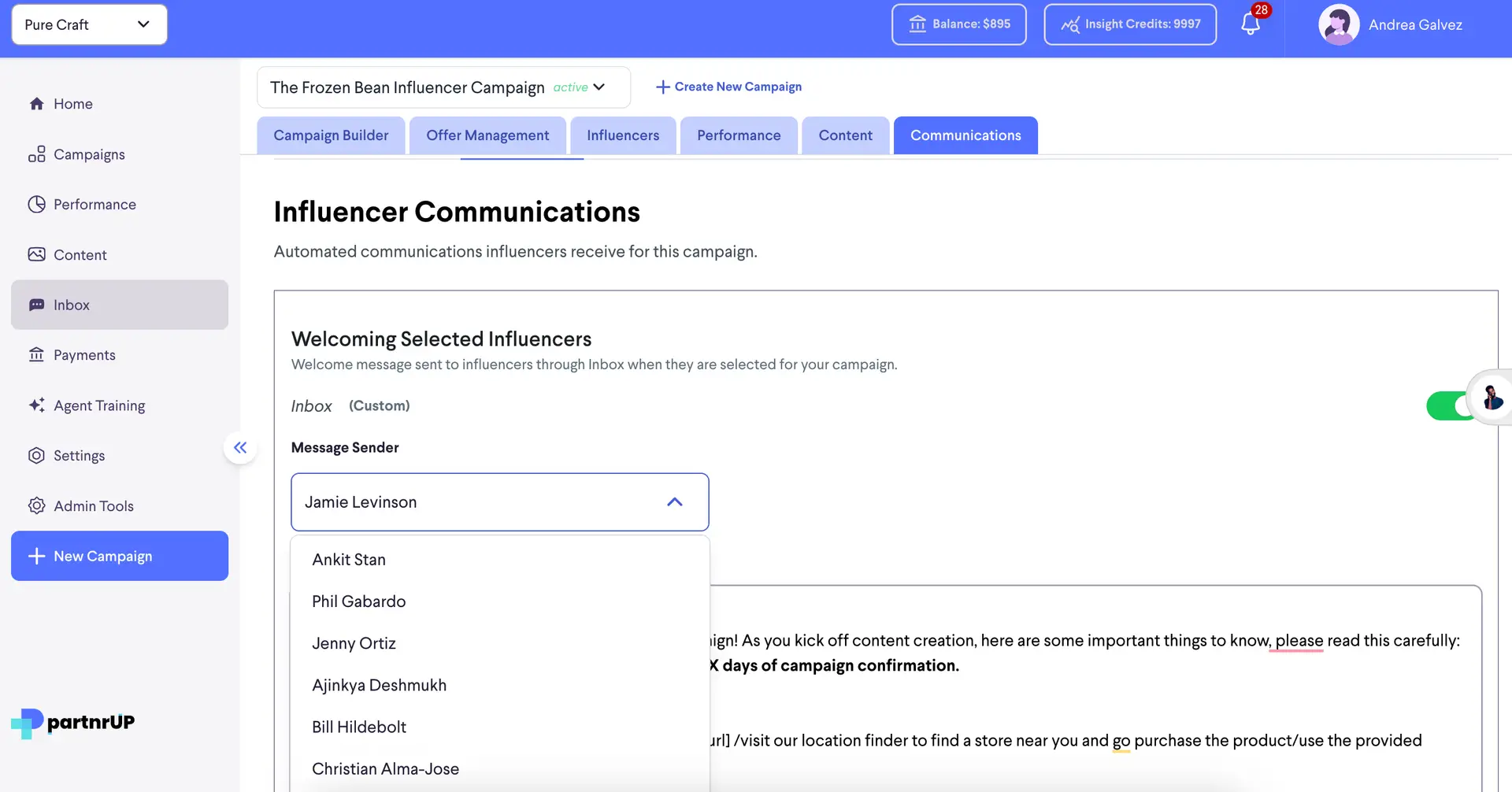 Influencer Communications section in partnrUP for Brands platform for The Frozen Bean Influencer Campaign.