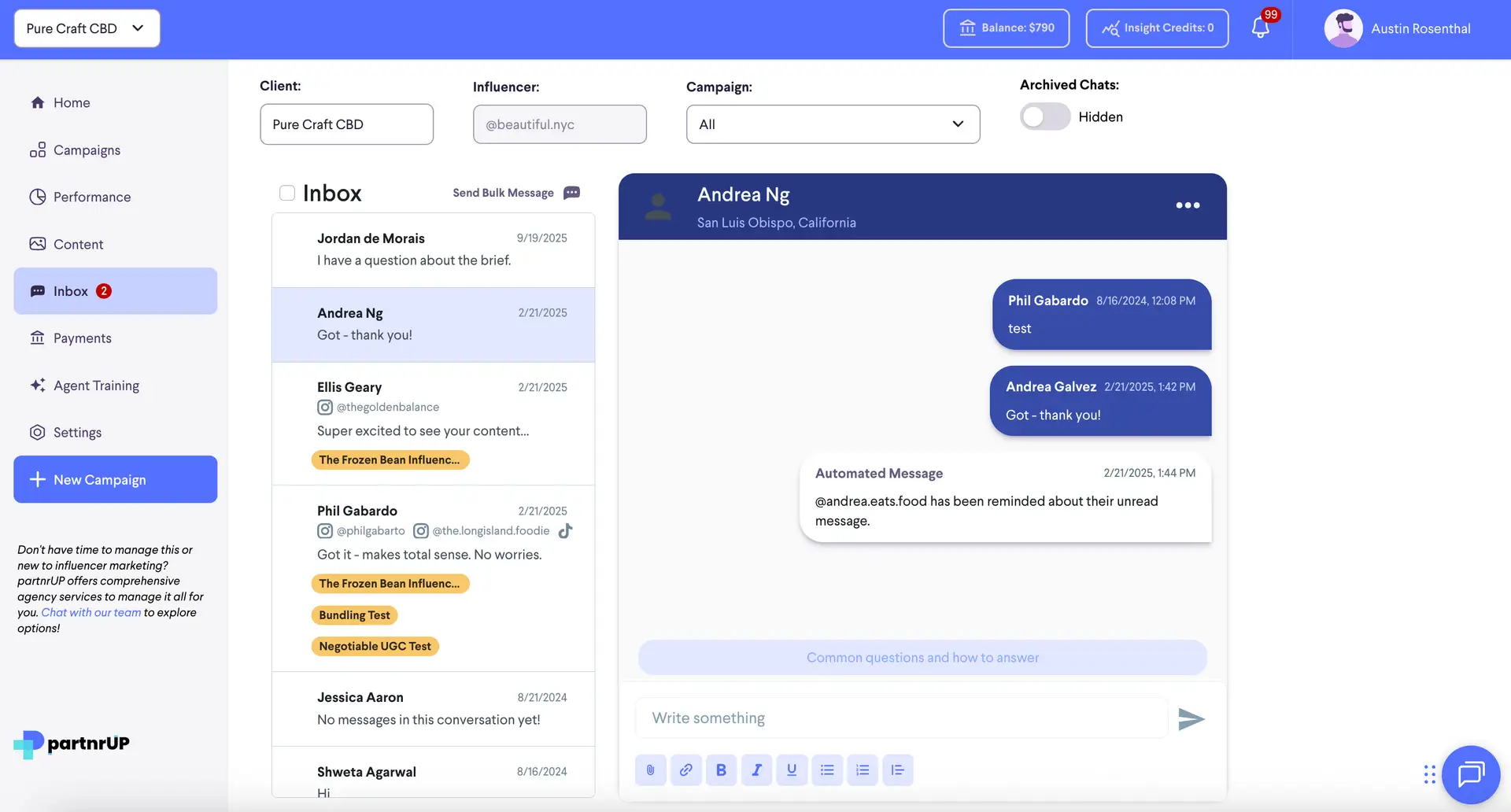partnrUP for Brands Global Inbox showing influencer communications with Andrea Ng