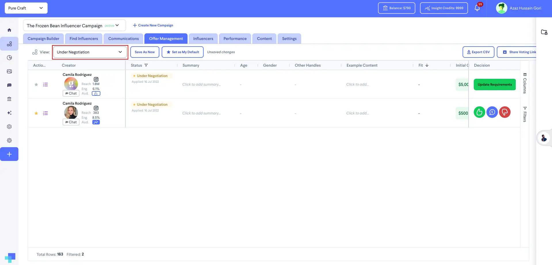 partnrUP for Brands Offer Management Under Negotiation view for The Frozen Bean Influencer Campaign.