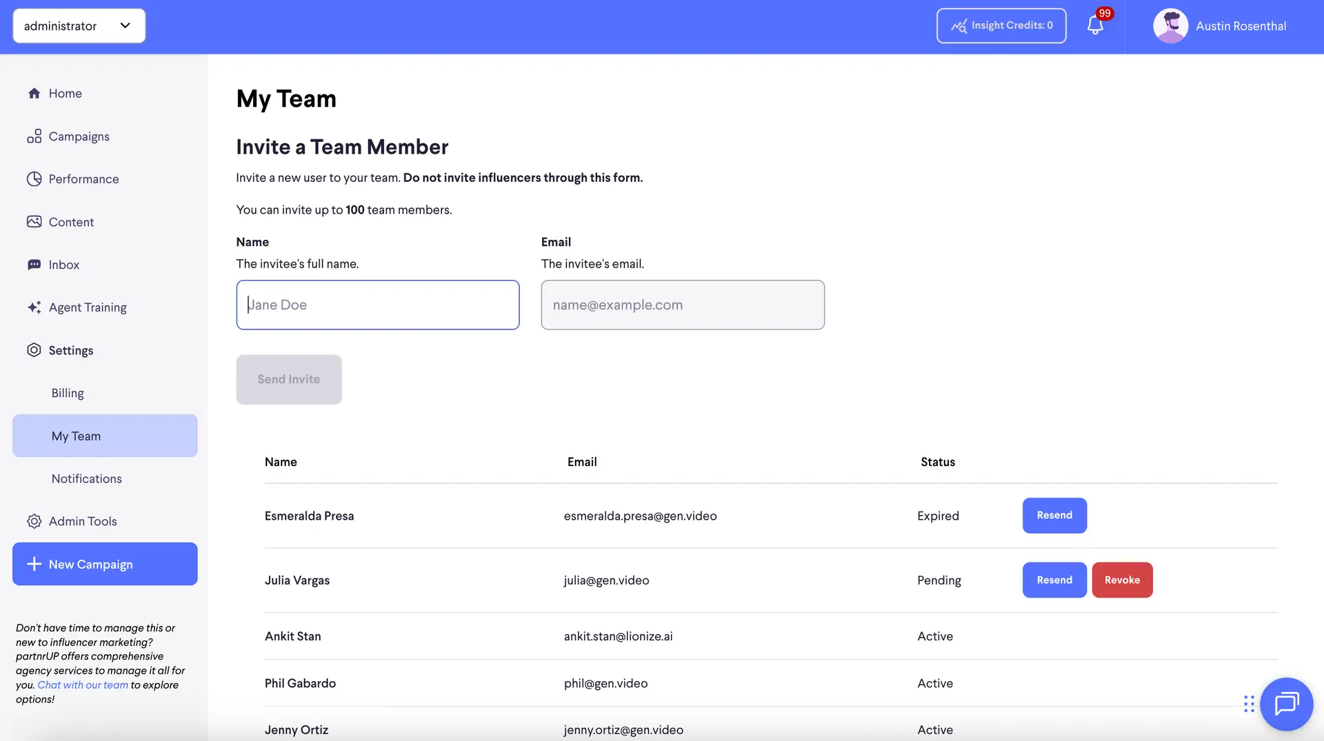 partnrUP for Brands - My Team - Invite a Team Member