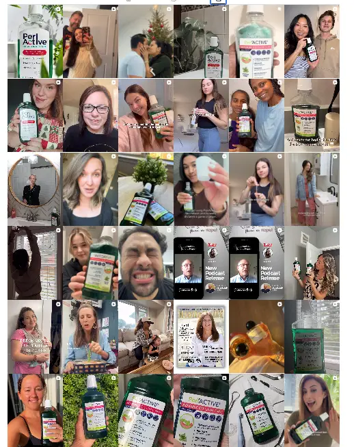 Grid of social media posts featuring people with PerlACTIVE product, part of Andrea's Corner in partnrUP for Brands.