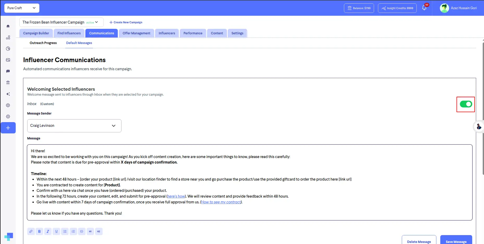 partnrUP for Brands - Influencer Communications setup for The Frozen Bean Influencer Campaign