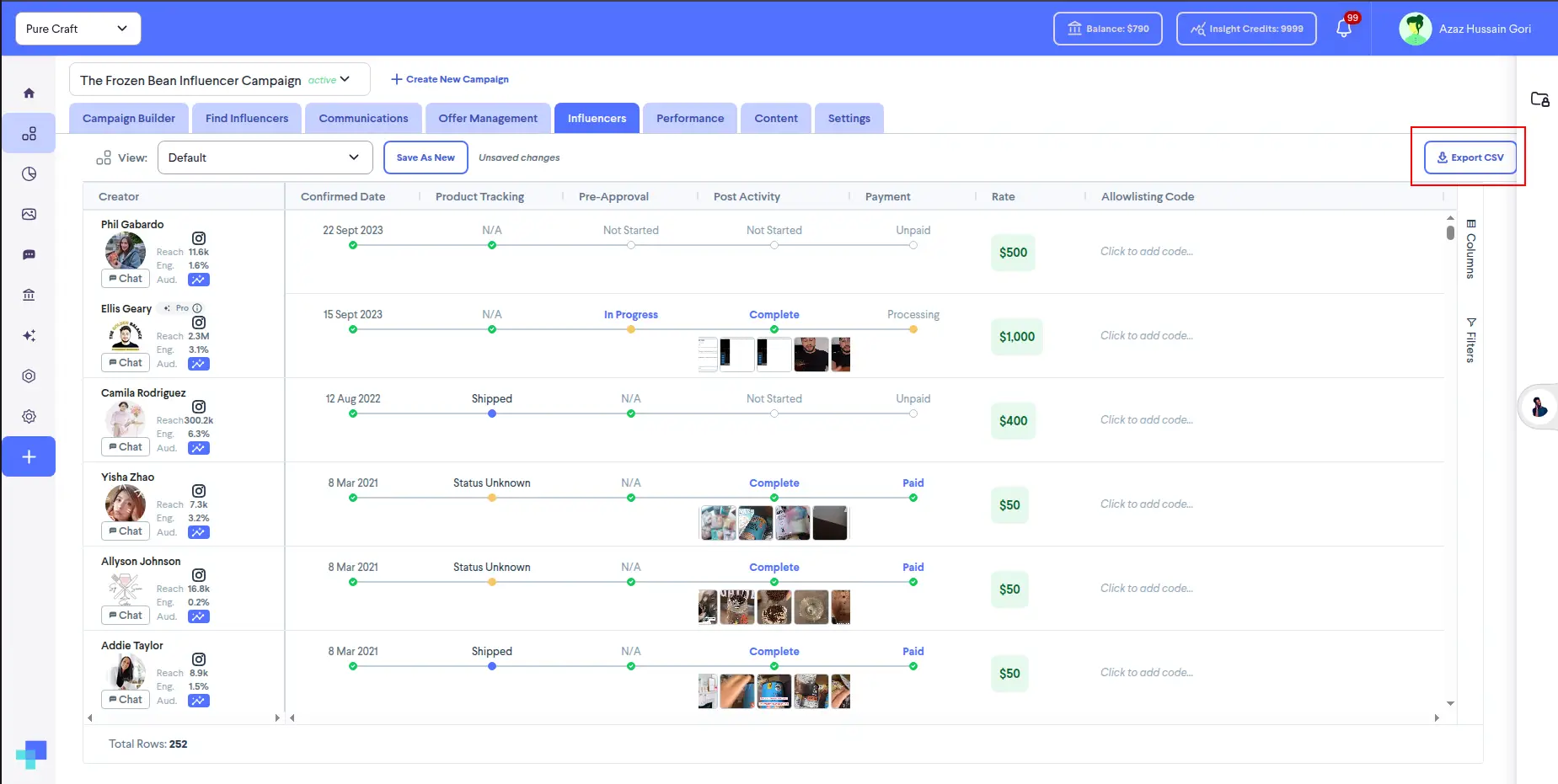 Influencers tab in The Frozen Bean Influencer Campaign on partnrUP for Brands platform.