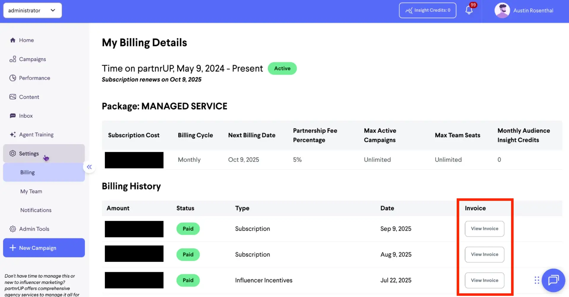 partnrUP for Brands - My Billing Details page showing subscription and billing history