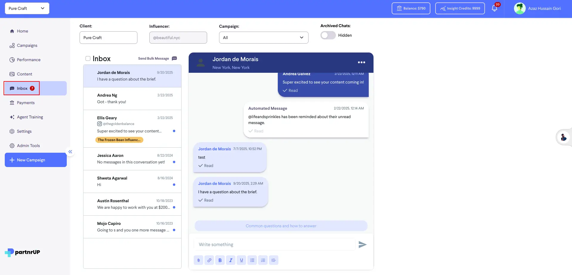 partnrUP for Brands Inbox screen showing communication with creators, with navigation menu, conversation list, and message details.