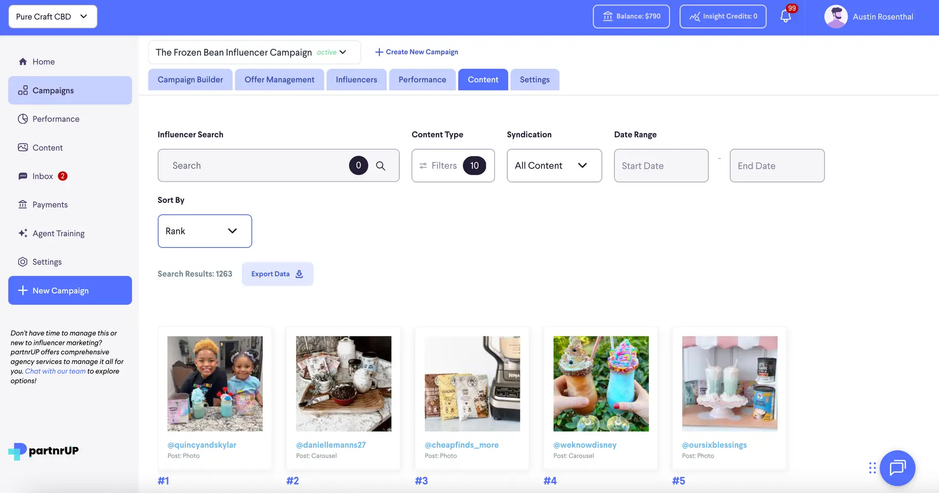 partnrUP for Brands - The Frozen Bean Influencer Campaign Content Dashboard